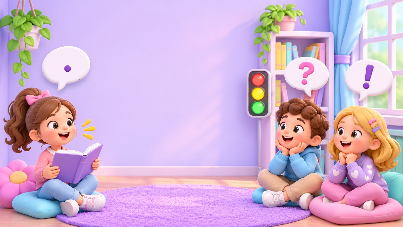 Tre bambini leggono ad alta voce nell'angolo lettura