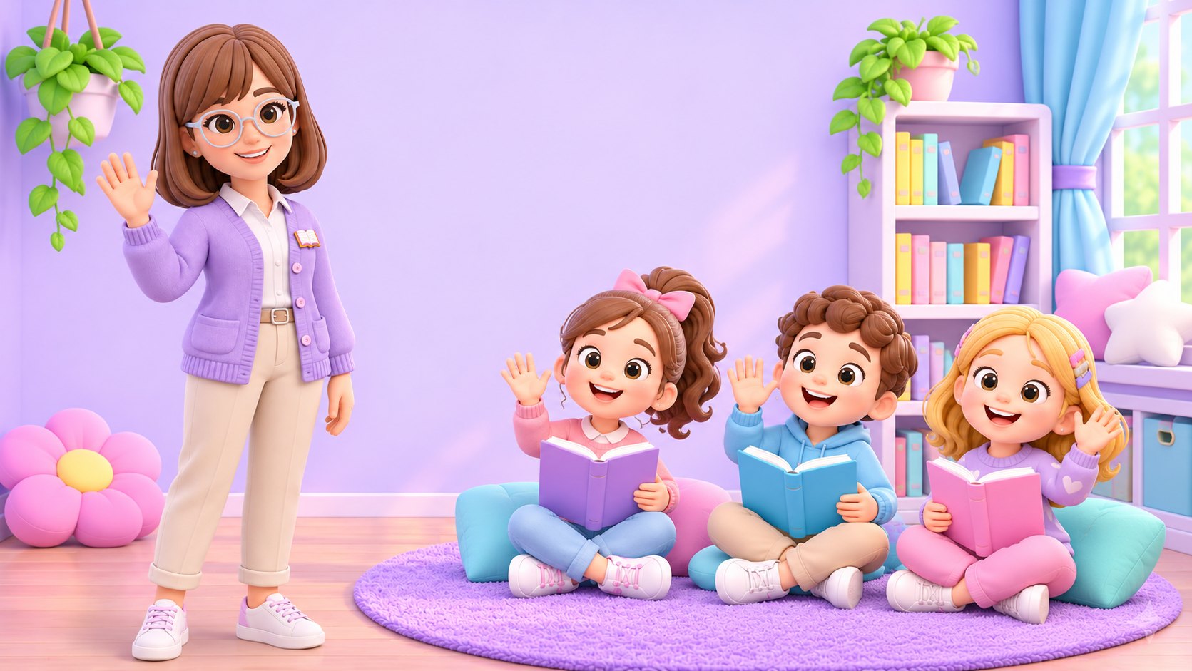 Maestra Giulia saluta i bambini nell'angolo lettura